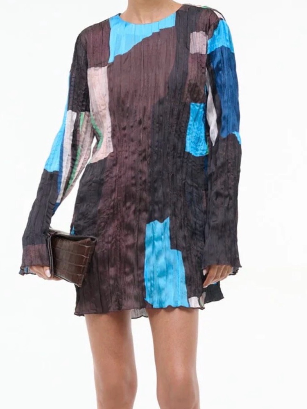 STAUD Brown Long Sleeve Mini Kona Dress with Turquoise & Cream Accents